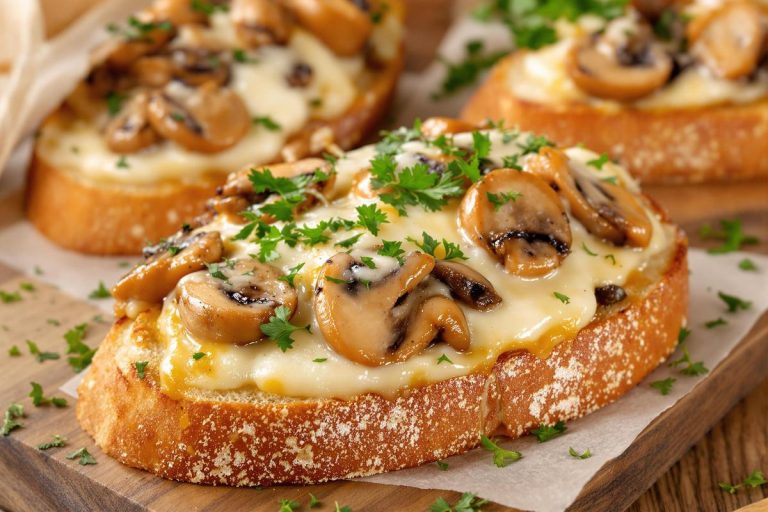 Bruschetta chaude au fromage fondu, poêlée de champignons et ail.jpg