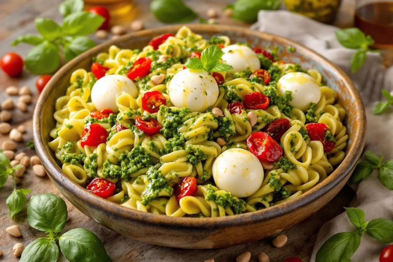 Salade de pâtes tiède au pesto maison, tomates confites et billes de mozzarella.jpg